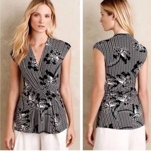 Anthropologie Deletta Black and White Faux Wrap Blouse Size M